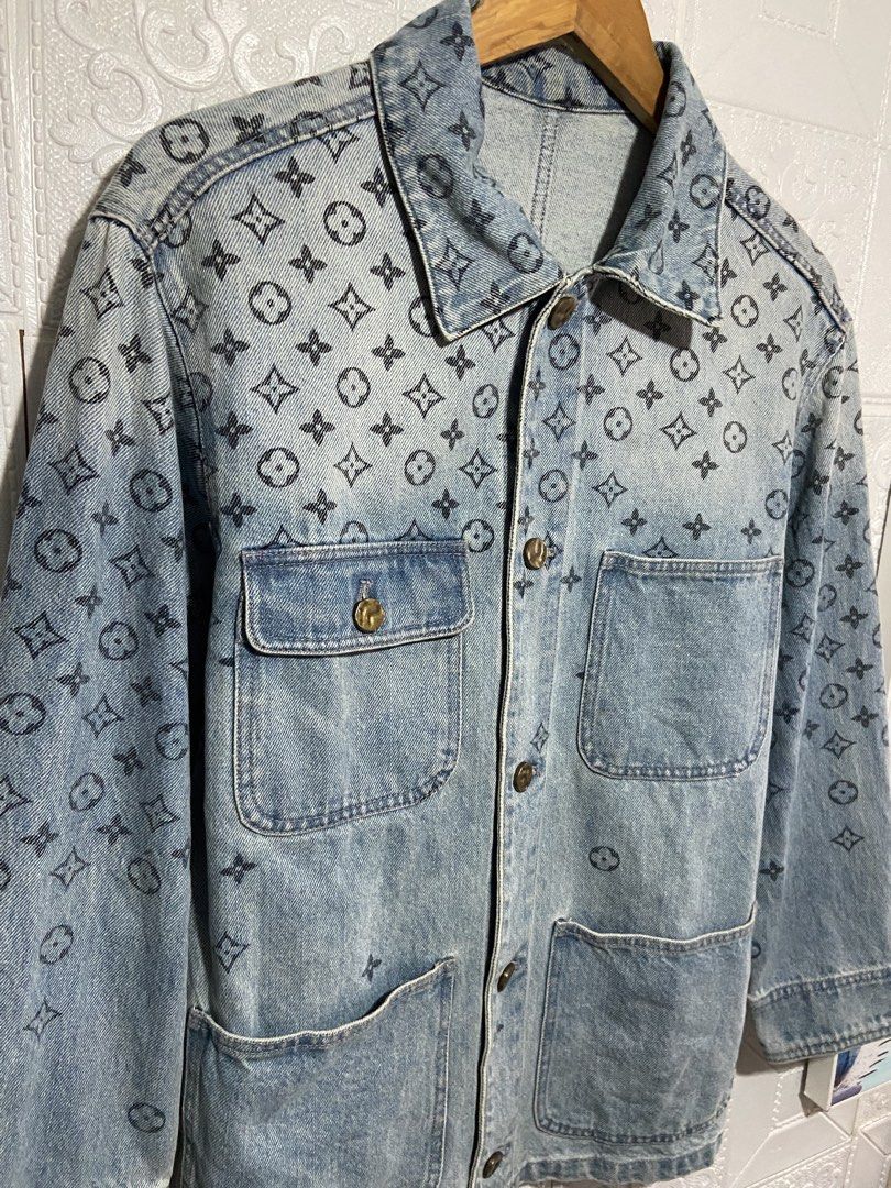 LV monogram denim jacket (Category: Coats, Jackets and Outerwear) located in Baguio. Submitted by stickygarments (Listing ID 1465650949, Image 2). Description: LV monogram chore denim jacket condition:excellent large dimes:22x28 .