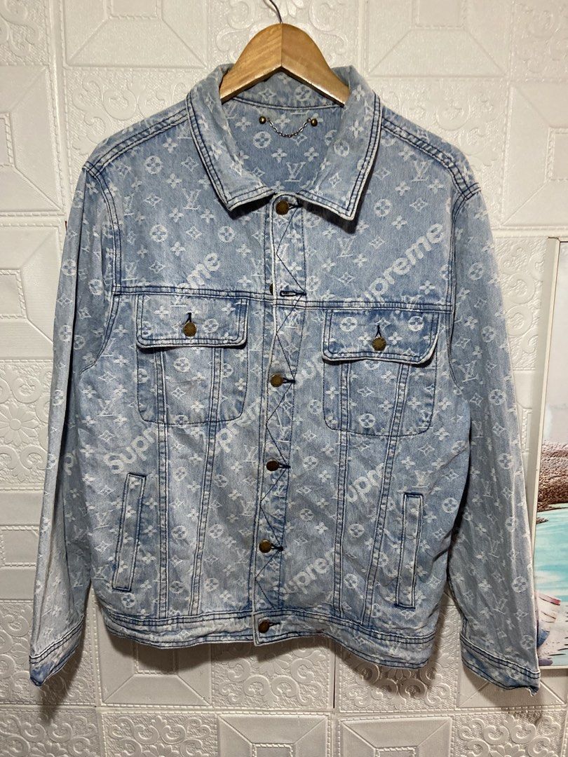 LV X SUPREME denim jacket (Category: Hoodies) located in Baguio. Submitted by stickygarments (Listing ID 1465650669, Image 1). Description: LV x Supreme denim jacket condition:excellent large dimes:22x27 .