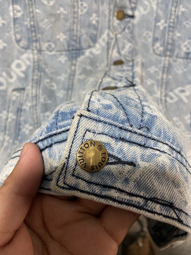 LV X SUPREME denim jacket (Category: Hoodies) located in Baguio. Submitted by stickygarments (Listing ID 1465650669, Image 3). Description: LV x Supreme denim jacket condition:excellent large dimes:22x27 .