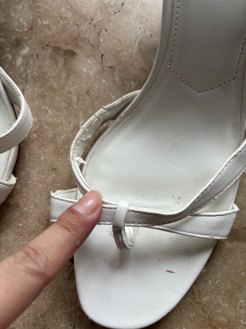 Mango Thong Heeled Mules, White (Category: Heels) located in Quezon City. Submitted by tidyup.lara (Listing ID 1465700850, Image 2). Description: Sold as is EU 38 Condition 8/10: used but in good condition, with inner peeling seen in photos.