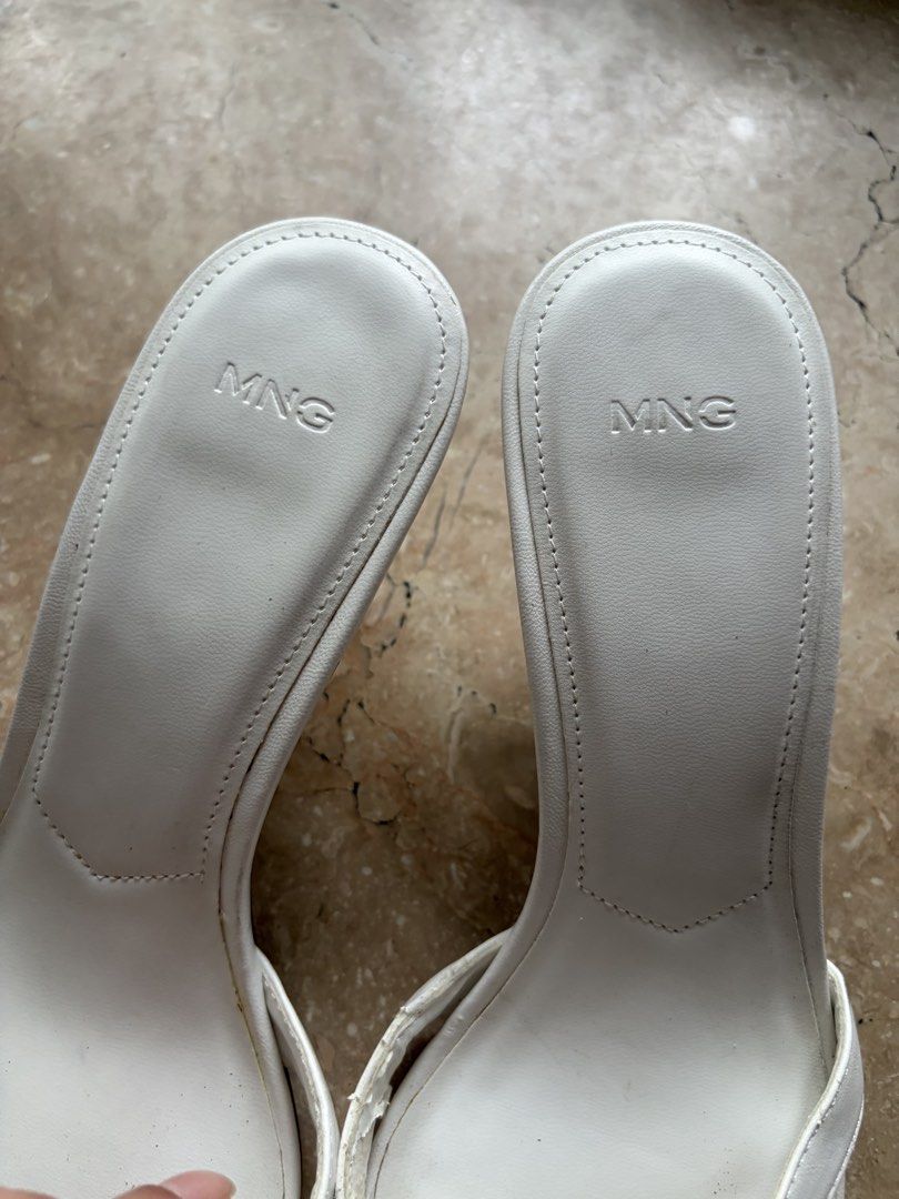 Mango Thong Heeled Mules, White (Category: Heels) located in Quezon City. Submitted by tidyup.lara (Listing ID 1465700850, Image 3). Description: Sold as is EU 38 Condition 8/10: used but in good condition, with inner peeling seen in photos.