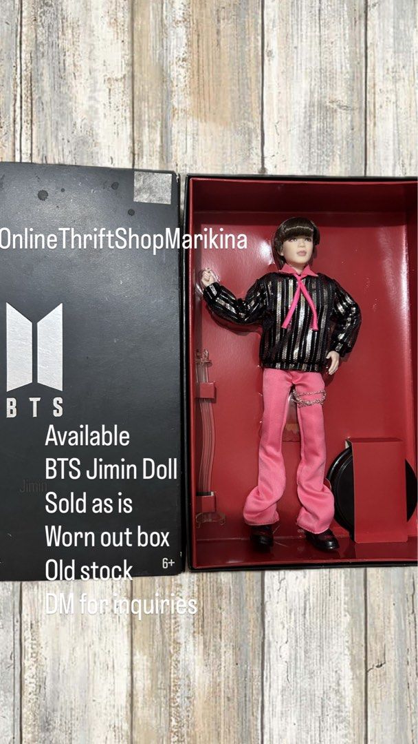 Mattel BTS Jimin Doll Official Figure (Category: K-Wave Merchandise) located in Marikina City. Submitted by joaquin222018 (Listing ID 1465589444, Image 1). Description: - Official Mattel BTS Jimin fashion doll - Comes with original box and stand - Iconic outfit: sparkly top and pink trousers - Old stock item, sold strictly as-is - Box has visible wear and tear from storage - Must-have addition for any ARMY collection.