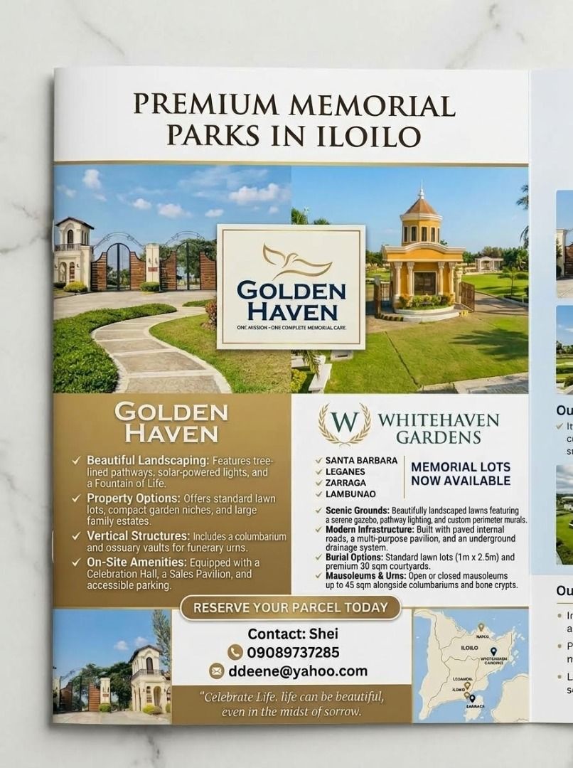 Memorial Lots Available (Category: Memorial Lot) located in Iloilo. Submitted by habibi_01 (Listing ID 1465635914, Image 1). Description: Secure your family’s legacy with a high-value, pre-need memorial lot in Golden Haven Memorial Park or Whitehaven Gardens, offering peaceful landscapes and up to 20% annual value appreciation. 💡 Why Invest Now • Perpetual Ownership: Own your property forever with a single purchase. • High ROI: Enjoy up to 20% a