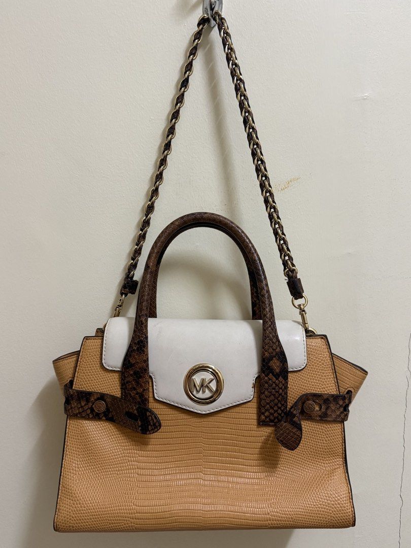 Michael Kors Carmen Belted Satchel (Category: Luxury Bags & Wallets) located in Las Pinas. Submitted by p.noona (Listing ID 1465697849, Image 2). Description: - Brand: Michael Kors structured satchel bag - Design: Mixed textures with textured mustard body, crisp white front flap, and faux snakeskin handles/straps - Hardware: Premium gold-tone hardware featuring the iconic MK circle logo lock - Interior: Multiple compartments with a secure zip poc