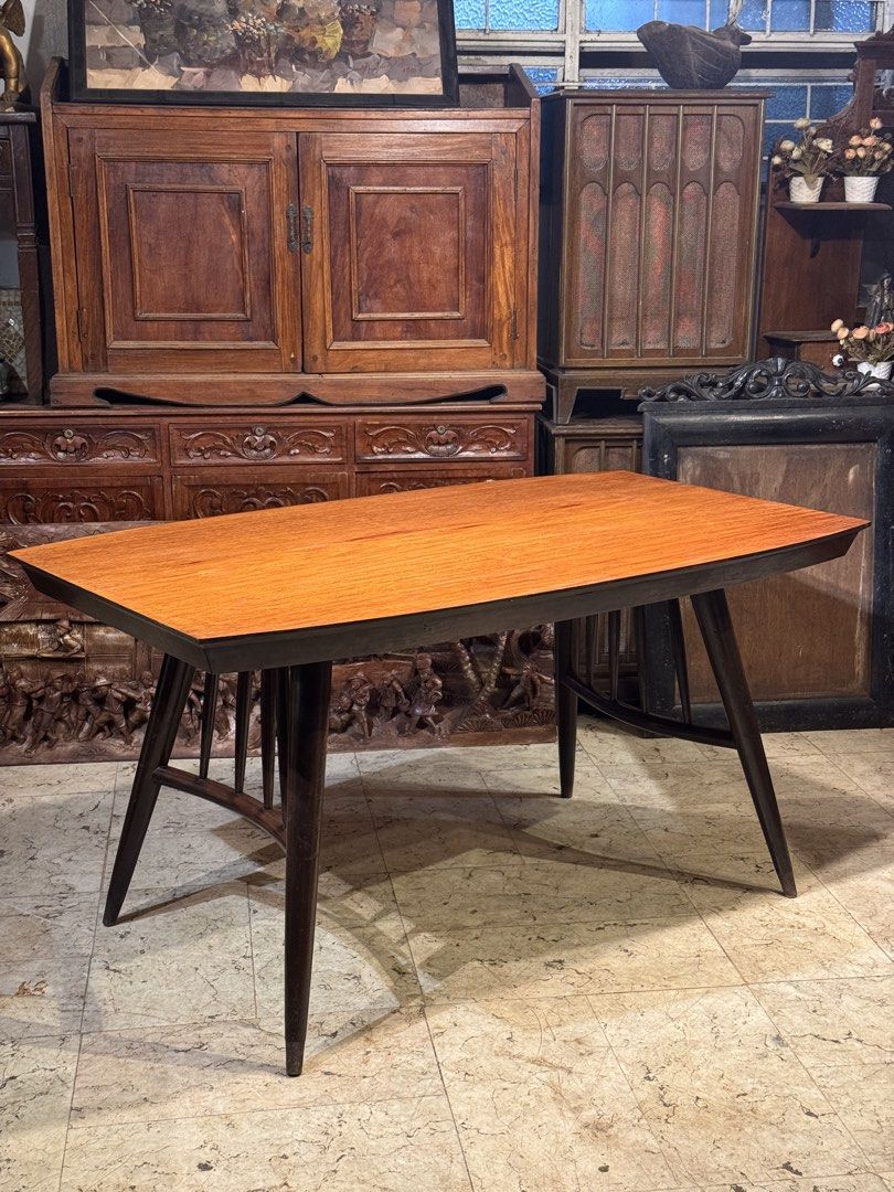Mid Century 1pc top Narra Pencil Legs Dining Table (Category: Vintage Collectibles) located in Manila. Submitted by sinaunang_gamit (Listing ID 1465611759, Image 2). Description: Mid Century 1pc top Narra Pencil Legs Dining Table Length: 60 inches Height: 31 inches Width: 36 inches Solid narra 1pc top 6-8 seater ₱15k.