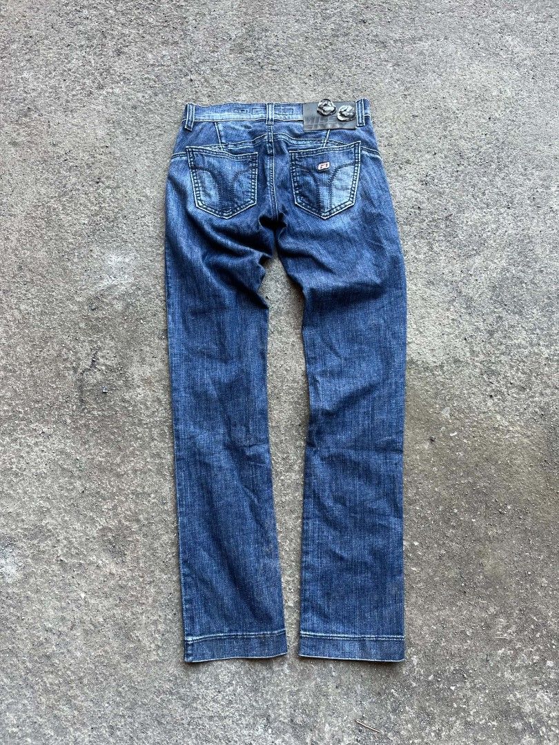 Miss Sixty Colette Denim Jeans (Category: Jeans) located in Nagcarlan. Submitted by jjakeclare74057 (Listing ID 1465749542, Image 2). Description: - Brand/Model: Miss Sixty Colette Denim Jeans - Wash: Medium blue with heavy Y2K vintage fading - Fit: Low rise with structured seaming and flare bootcut leg - Details: Branded buttons, rivets, metal '60' logo on back pocket - Special Feature: Leather waist patch with metallic floral embellishments - C