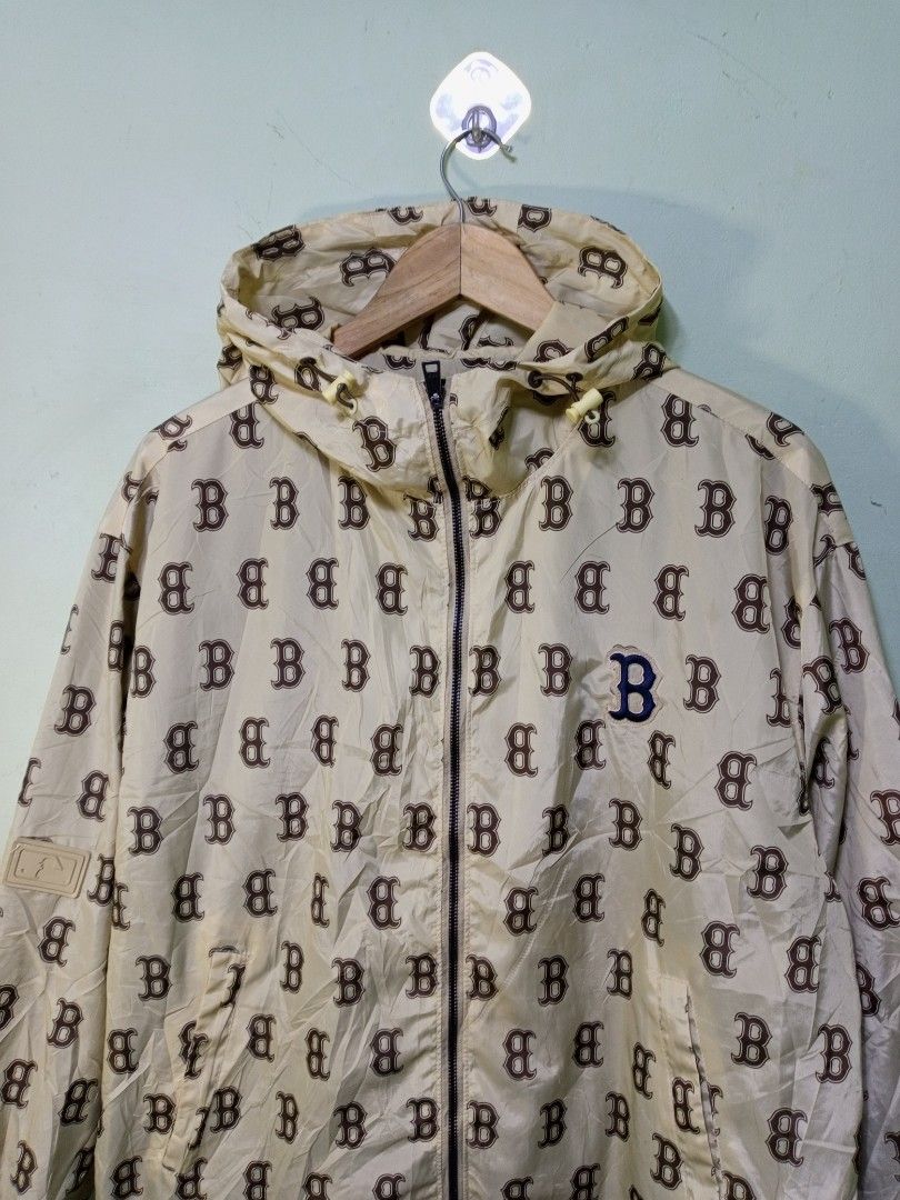 MLB Boston Red Sox monogram all over print windbreaker jacket (Category: Coats, Jackets and Outerwear) located in Manila. Submitted by onewikstraight (Listing ID 1465647384, Image 3). Description: - Brand: MLB Boston Red Sox - Style: Zip-up hooded windbreaker - Size: XL - Color/Design: Cream base with all-over brown 'B' monogram print - Details: Full front zipper, side pockets, adjustable drawstrings, and elastic cuffs - Logo: Blue embroidered Bo