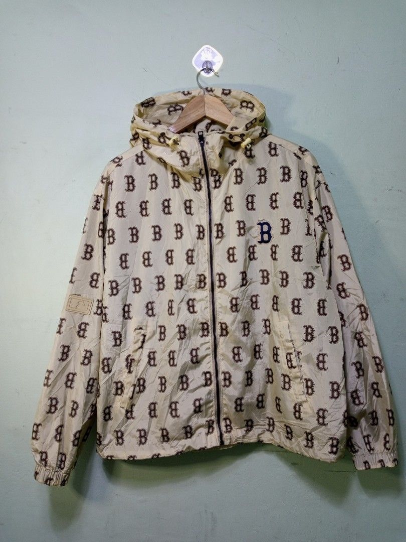 MLB Boston Red Sox monogram all over print windbreaker jacket (Category: Coats, Jackets and Outerwear) located in Manila. Submitted by onewikstraight (Listing ID 1465647384, Image 1). Description: - Brand: MLB Boston Red Sox - Style: Zip-up hooded windbreaker - Size: XL - Color/Design: Cream base with all-over brown 'B' monogram print - Details: Full front zipper, side pockets, adjustable drawstrings, and elastic cuffs - Logo: Blue embroidered Bo