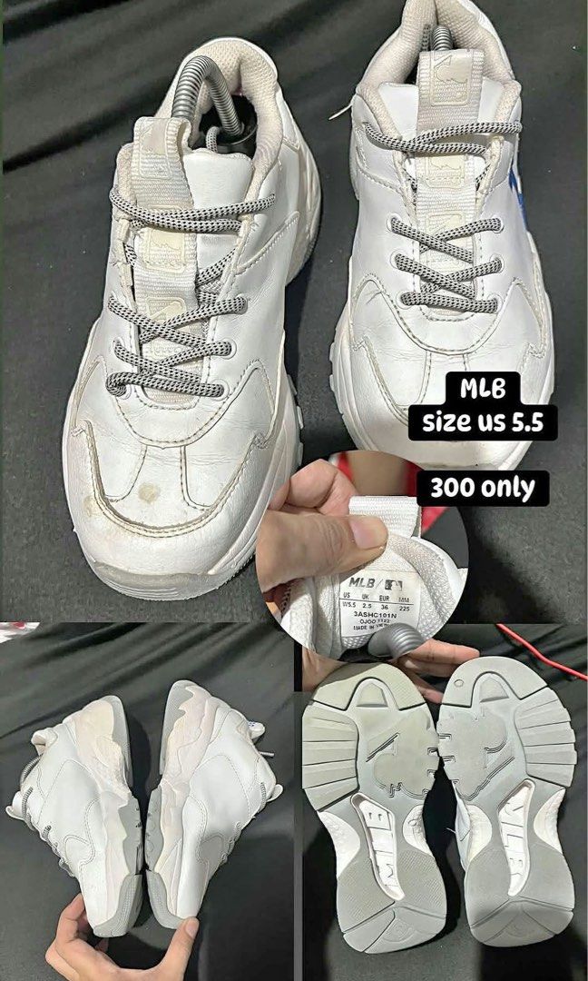 MLB White Chunky Sneakers Size US 5.5 (Category: Sneakers) located in Manila. Submitted by kiyanna.preloved (Listing ID 1465699084, Image 1). Description: - Brand: MLB - Color: White with grey tread and black/white patterned laces - Size: US 5.5 / EUR 36 / 22.5cm - Style: Chunky platform sole - Condition: Pre-loved with scuffs and dirt marks on the leather upper, especially near the toe - Model: 3ASHC101N - Price: ₱300 only (Super steal!).