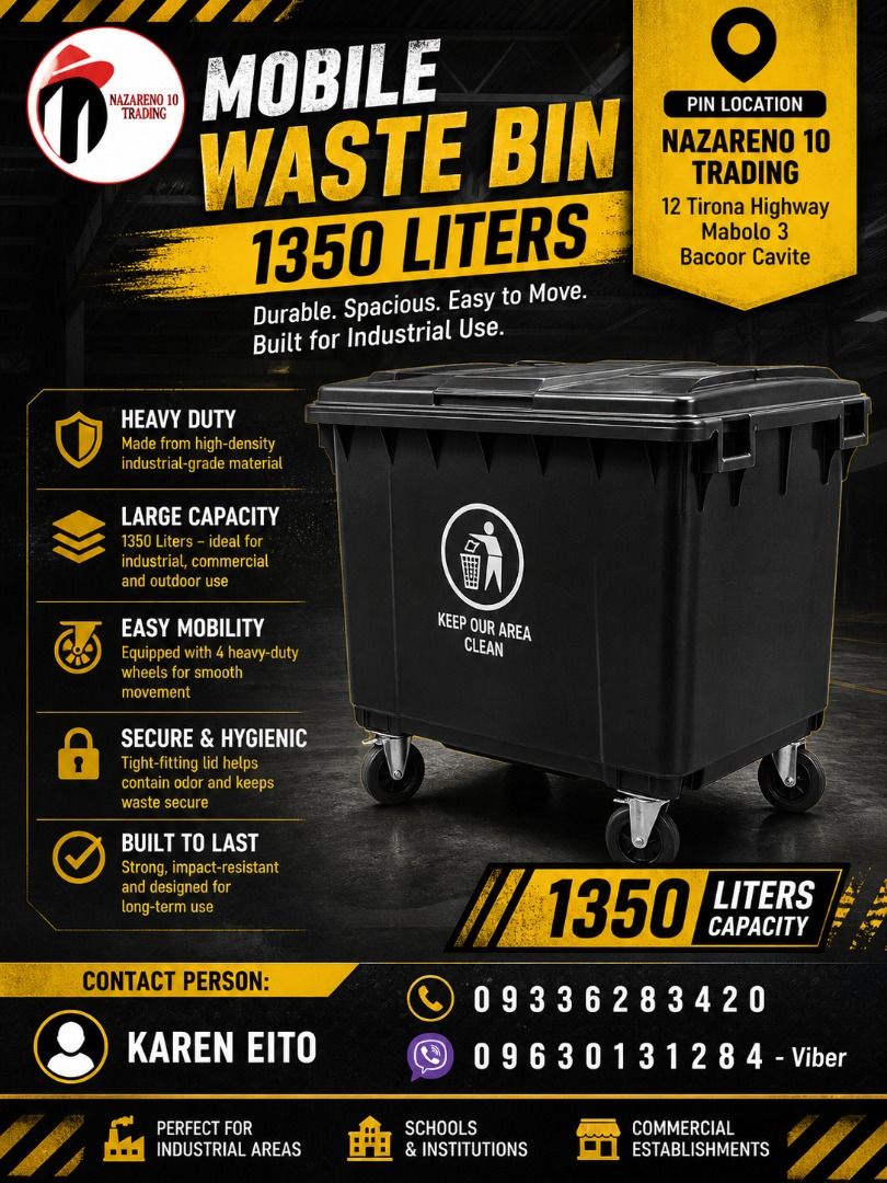 MOBILE WASTE BIN WITH WHEELS 1350 LITERS (Category: Looking For) located in Bacoor. Submitted by kajezame.2021 (Listing ID 1465605279, Image 1). Description: MOBILE WASTE BIN WITH WHEELS 1350 LITERS For More Details and Discount Contact Ms. Karen NAZARENO 10 TRADING 0963 0131 284 0933 6283 420 0956 7028 557 0933 8559 510 Landline: Look for Ms. Karen (046 ) 416 3920 Also available: • Traffic cone • Parking Block stopper • Mobile Waste Bin • Road P