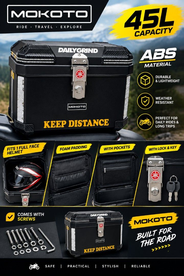 Mokoto Top Box 45L (Category: Other Motorcycles Parts and Accessories) located in Taguig. Submitted by wiltech016 (Listing ID 1465718163, Image 1). Description: 45L Capacity. ABS Material Can fit 1 full face helmet. Mokoto Brand With Foam padding and pockets With Lock & Key. Comes with screws. 1K Fixxx.