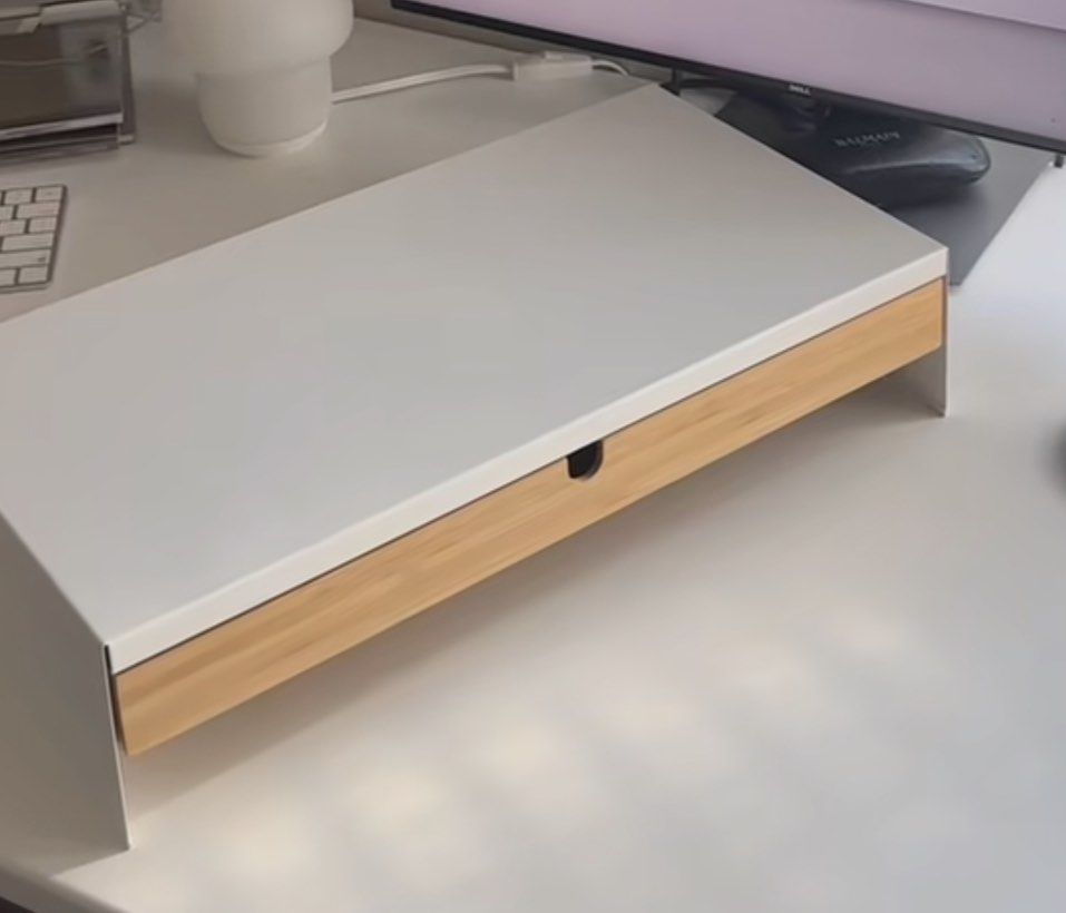 Monitor Riser with Drawer (Category: Office Furniture & Fixtures) located in Quezon City. Submitted by sampinedaj_ (Listing ID 1465672035, Image 1). Description: ELLOVEN Monitor Riser with Drawer (white and wood) -lighty used msg for actual pic rfs: di na nagagamit.