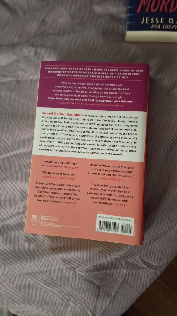 Mrs. Everything by Jennifer Weiner Paperback Novel (Category: Storybooks) located in Manila. Submitted by lulusalesbooks4200 (Listing ID 1465711868, Image 3). Description: - Title: Mrs. Everything by Jennifer Weiner - Format: Paperback - Publisher: Washington Square Press - Condition: Clean pages, intact spine with standard shelf wear - Perfect for fiction lovers looking for a great read.
