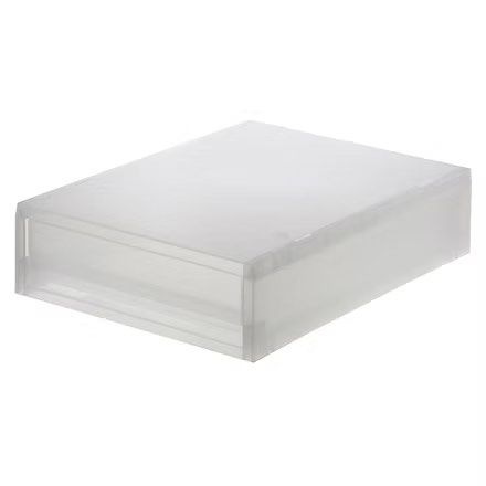 Muji PP Thin Drawer (Category: Storage Boxes & Baskets) located in Quezon City. Submitted by vvelcometomyshop (Listing ID 1465755084, Image 1). Description: - Frosted translucent plastic storage drawer - Keeps stationery, small accessories, and desk clutter sorted - Simple rectangular shape with a clean look - Stackable design to save space - Sturdy and durable build - Ideal for bedroom, vanity, or office organization.