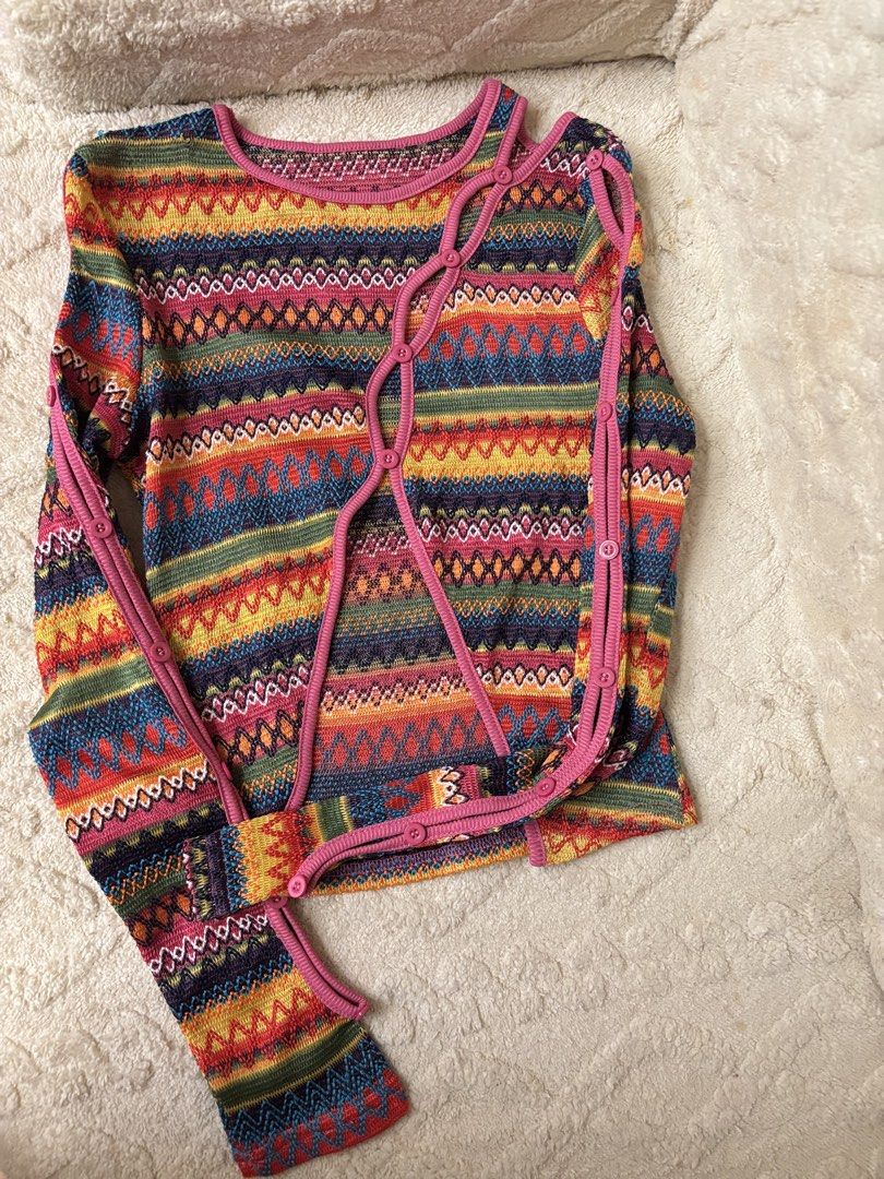 Multicolor Patterned Knit Sweater with Pink Trim and Button Details (Category: Longsleeves) located in Quezon City. Submitted by hadescloset (Listing ID 1465757601, Image 1). Description: - Vibrant knit sweater with colorful zig-zag and geometric patterns - Eye-catching pink piping along the neckline, cuffs, and asymmetric button placket - Long sleeves with matching pink button trim - Lightweight ribbed texture for comfortable, all-day wear - Gre