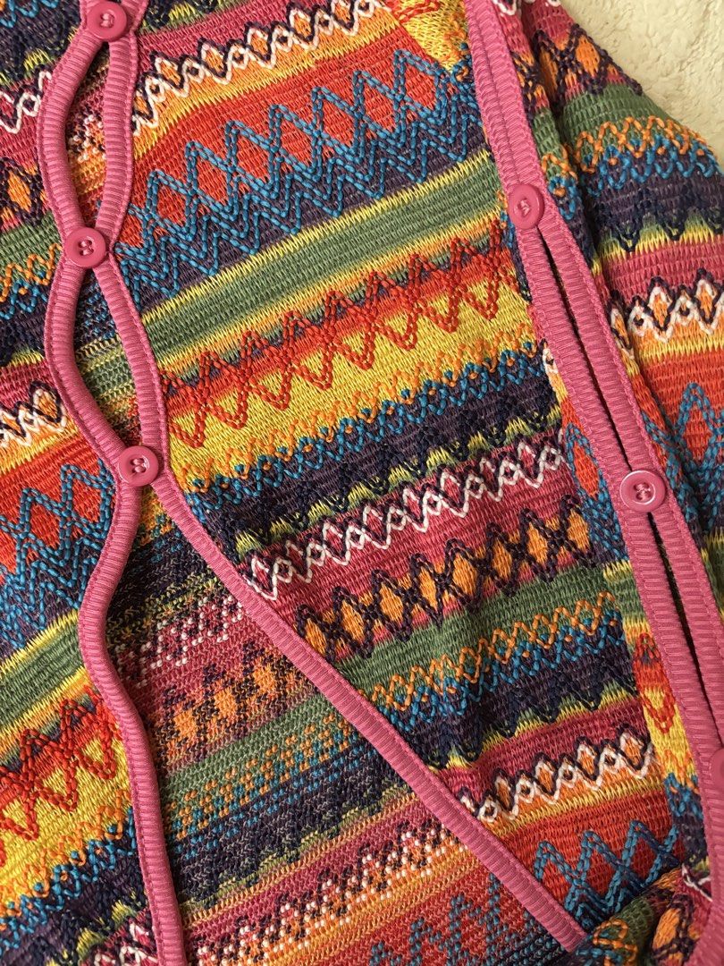 Multicolor Patterned Knit Sweater with Pink Trim and Button Details (Category: Longsleeves) located in Quezon City. Submitted by hadescloset (Listing ID 1465757601, Image 2). Description: - Vibrant knit sweater with colorful zig-zag and geometric patterns - Eye-catching pink piping along the neckline, cuffs, and asymmetric button placket - Long sleeves with matching pink button trim - Lightweight ribbed texture for comfortable, all-day wear - Gre