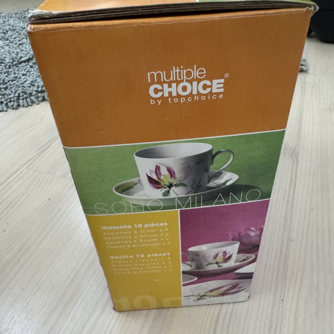 Multiple Choice Me & You Soho Milano 10 Piece Dinnerware Set (Category: Dinnerware & Cutlery) located in Makati City. Submitted by sweethamshop (Listing ID 1465703431, Image 3). Description: - Brand: Multiple Choice - Pattern: Soho Milano - Set includes: 10 pieces total (dinner plates, soup plates, salad plates, cups, and saucers for 2 people) - Design: Delicate pink and green floral illustrations on white ceramic - Packaging: Comes in its origin