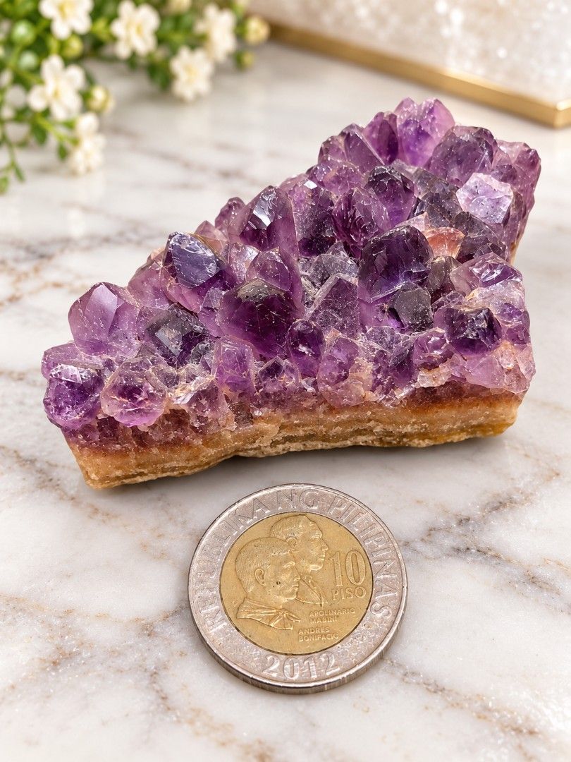 Natural Amethyst Crystal Cluster Raw Specimen (Category: Precious Stones) located in Legazpi City. Submitted by riris.unique.finds (Listing ID 1465694893, Image 1). Description: - Stunning deep purple raw amethyst cluster - Features a sturdy, natural rock matrix base - Unpolished edges showcasing raw crystal points - Size reference: shown next to a Philippine ₱10 coin - Ideal for crystal collections, display, or gifting.