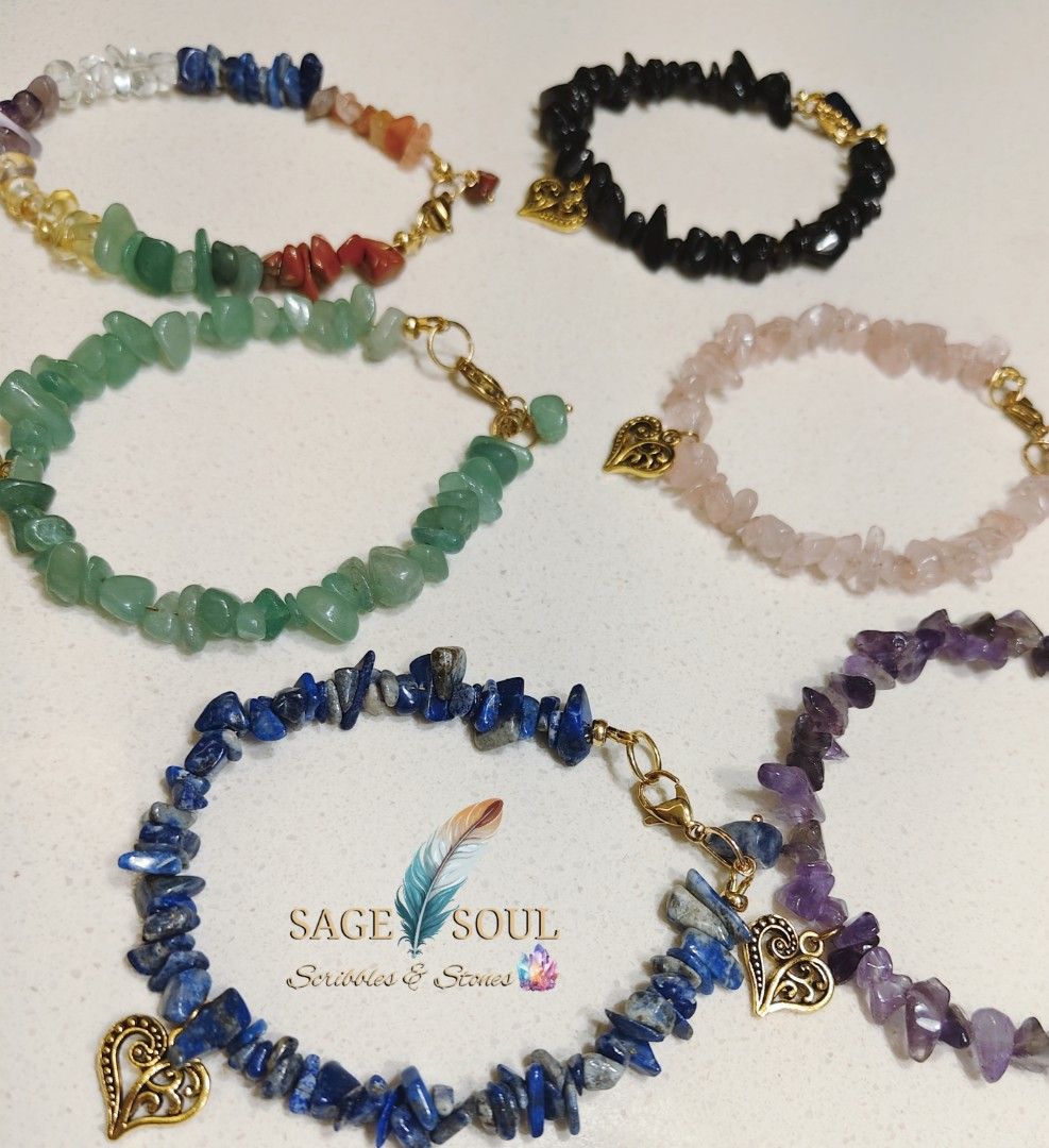Natural Crystal Chips Chain Bracelets (Category: Bracelets) located in Manila. Submitted by sagesoulscribblesstones (Listing ID 1465756766, Image 2). Description: Natural Crystal Chips Chain Bracelets 💖 🏷️ Only ₱250 each! Crafted with genuine gemstones, delicate gold-tone chains, and a sweet heart charm, each piece brings its own unique vibe and healing energy to your stack. 💫 Every bracelet comes complete with a ready-to-gift bundle: 🎁 FREE 