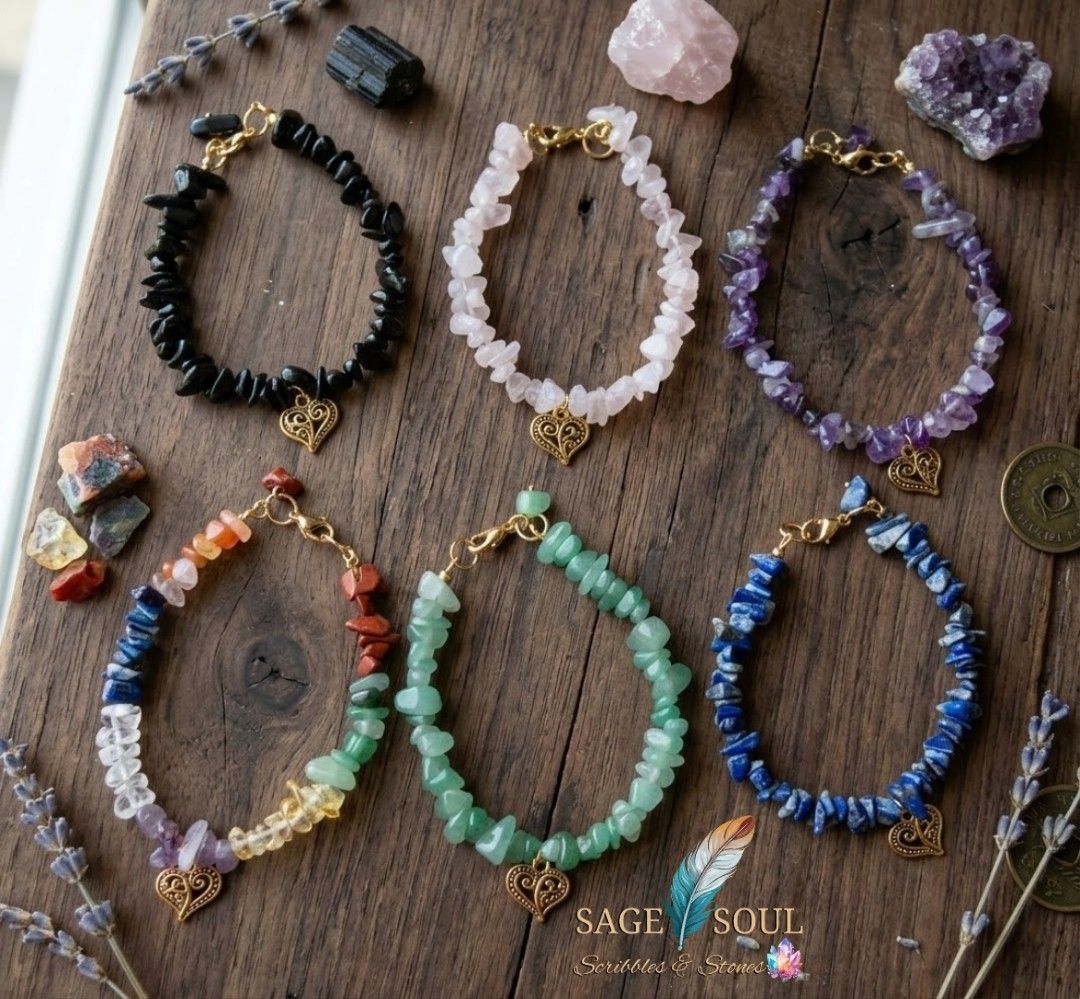 Natural Crystal Chips Chain Bracelets (Category: Bracelets) located in Manila. Submitted by sagesoulscribblesstones (Listing ID 1465756766, Image 3). Description: Natural Crystal Chips Chain Bracelets 💖 🏷️ Only ₱250 each! Crafted with genuine gemstones, delicate gold-tone chains, and a sweet heart charm, each piece brings its own unique vibe and healing energy to your stack. 💫 Every bracelet comes complete with a ready-to-gift bundle: 🎁 FREE 