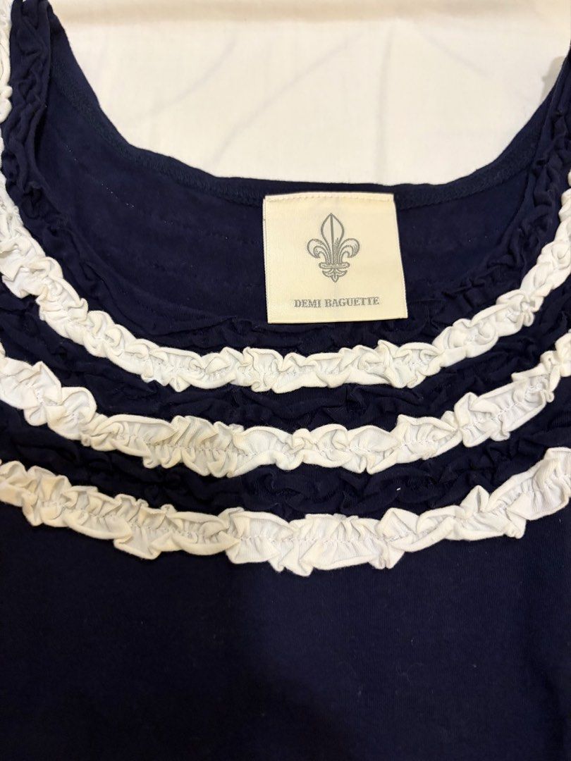Navy Blue Tank Top with White Ruffles (Category: Sleeveless) located in Paranaque City. Submitted by mary_jj (Listing ID 1465673738, Image 2). Description: Thrifted in japan (never worn).