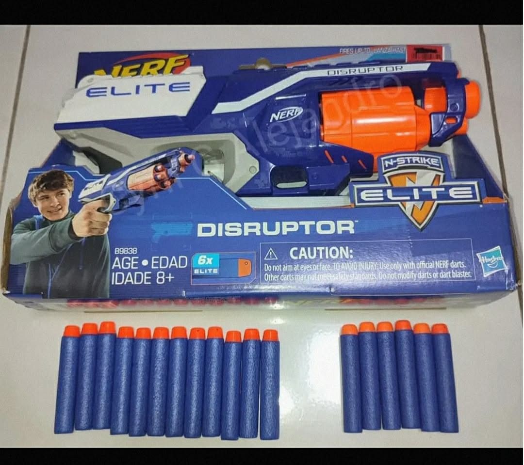 Nerf N-Strike Elite Disruptor Blaster with Darts (Category: Action & Battle Toys) located in Caloocan City. Submitted by b2d14d4d2a98730442c4f479d07528 (Listing ID 1465685578, Image 1). Description: - Model: Nerf N-Strike Elite Disruptor - Ammo: 18 darts included total - Capacity: 6-dart rapid-fire rotating drum - Range: Shoots up to 90 feet - Includes original box (note: red price tag sticker on top right corner) - Recommended Age: 8 years and u