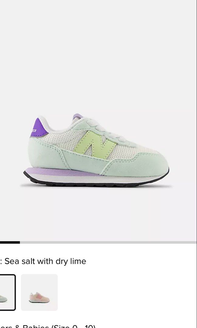 New Balance 237 Sneakers US 9 (Category: Babies & Kids Fashion) located in Quezon City. Submitted by rchantong (Listing ID 1465586303, Image 1). Description: - Brand: New Balance 237 - Colorway: Mint green, pale yellow, and purple with a white mesh base - Materials: Mesh base with premium suede overlays - Features: Cushioned sole and lace-up front - used only 4x - Inclusions: Original box and packaging paper included Authentic bought in ZALORA .