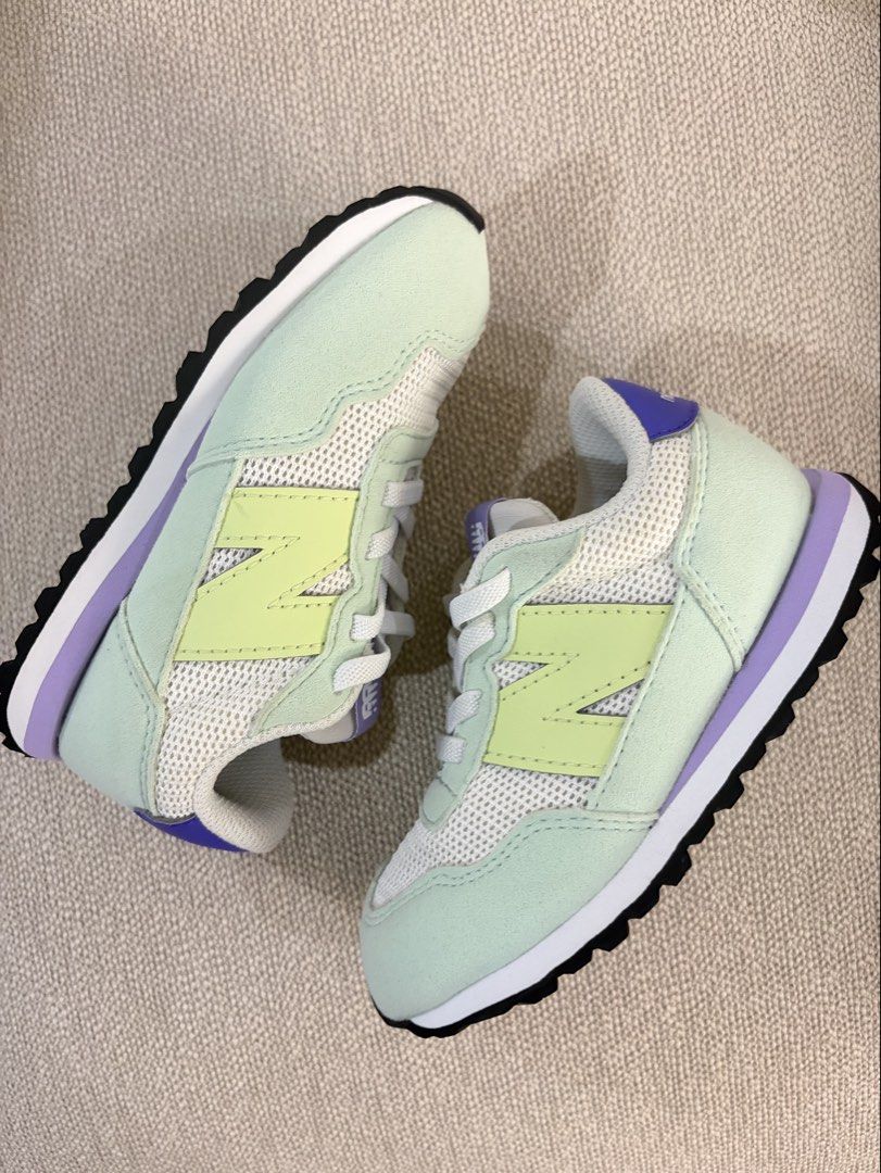 New Balance 237 Sneakers US 9 (Category: Babies & Kids Fashion) located in Quezon City. Submitted by rchantong (Listing ID 1465586303, Image 3). Description: - Brand: New Balance 237 - Colorway: Mint green, pale yellow, and purple with a white mesh base - Materials: Mesh base with premium suede overlays - Features: Cushioned sole and lace-up front - used only 4x - Inclusions: Original box and packaging paper included Authentic bought in ZALORA .