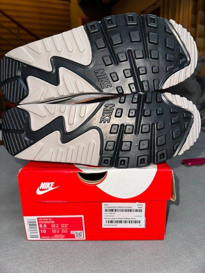 NIKE AIRMAX 90 ORIG (Category: Sneakers) located in Manila. Submitted by noblecrystal2026 (Listing ID 1465664421, Image 2). Description: AIRMAX 90 Brandnew ,100 percent Original with receipt Colorway: White Laser Orange both 8.5 US mens Ships nationwide via J&T,Lalamove or LBX SALE- PHP4250.00.