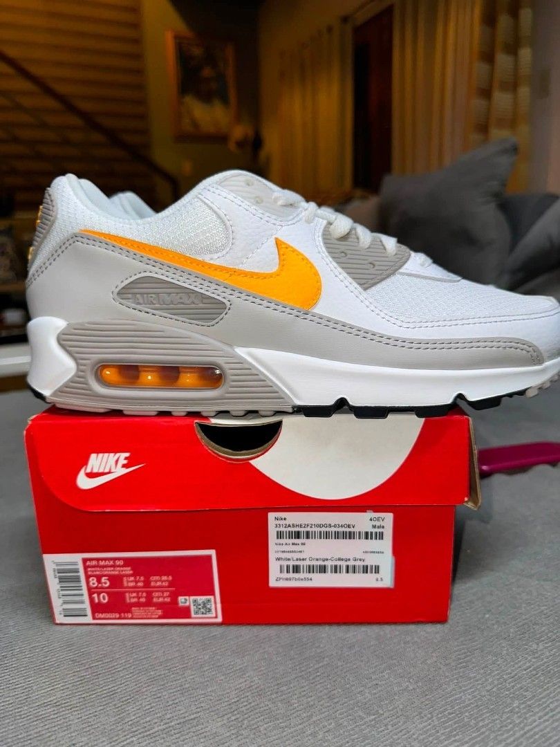 NIKE AIRMAX 90 ORIG (Category: Sneakers) located in Manila. Submitted by noblecrystal2026 (Listing ID 1465664421, Image 1). Description: AIRMAX 90 Brandnew ,100 percent Original with receipt Colorway: White Laser Orange both 8.5 US mens Ships nationwide via J&T,Lalamove or LBX SALE- PHP4250.00.