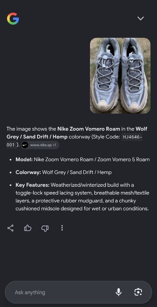 Nike Zoom Vomero Roam Wolf Grey Sand Drift (Category: Sneakers) located in Davao. Submitted by rodrigoani57168 (Listing ID 1465588889, Image 2). Description: - Model: Nike Zoom Vomero Roam - Colorway: Wolf Grey / Sand Drift / Hemp - Style Code: HJ4646-001 - Size: US 9.5 / UK 8.5 / EUR 43 / CM 27.5 - Features: Weatherized design, toggle-lock speed lacing, breathable mesh, protective rubber mudguard, and chunky cushioned midsole - Condition: Clean 