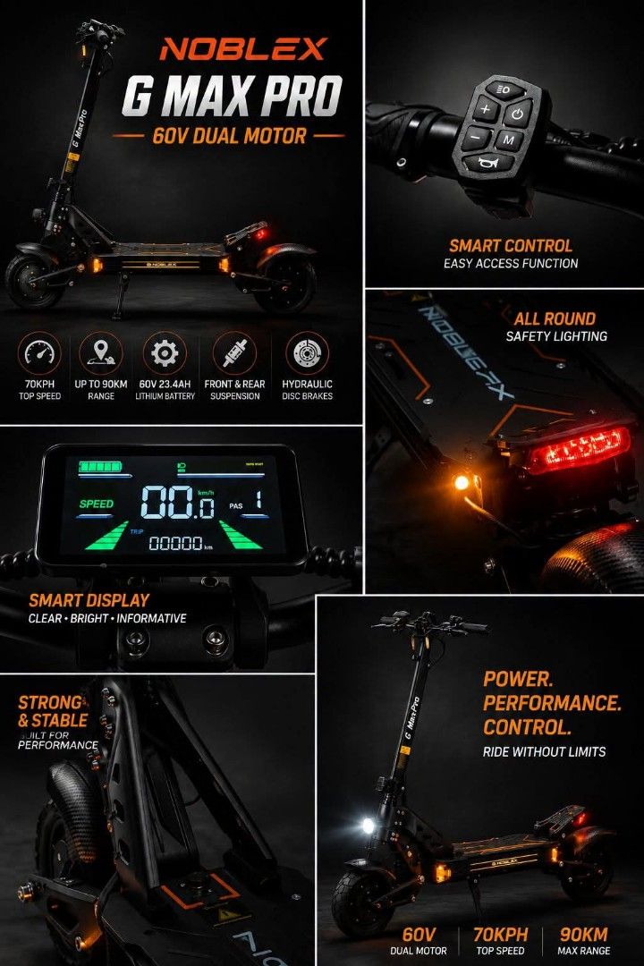 Noblex G Max Pro V3 Electric Scooter (Category: Skates, Rollerblades & Scooters) located in Bauan. Submitted by nikolomarcus (Listing ID 1465640095, Image 1). Description: - Dual Motor Power: Reaches up to 70 KPH with 3000W peak power (60V 25.6Ah battery). - Long Range: Travel 60 to 90 KM on a single charge. - Advanced Safety: Equipped with hydraulic disc brakes, NFC security lock, and LED lights with turn signals. - Comfortable & Portable: Folda