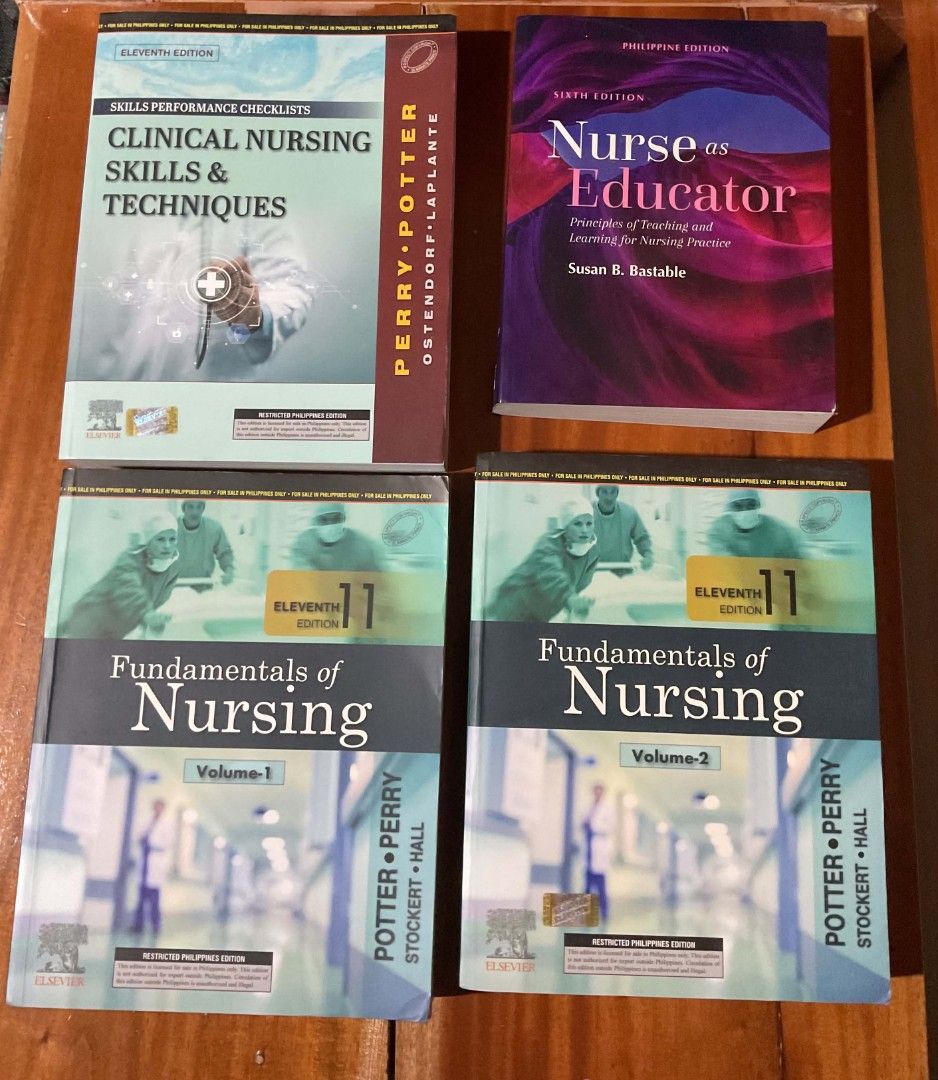 NURSING BOOKS (Category: Textbooks) located in Manila. Submitted by sbm68138 (Listing ID 1465640569, Image 1). Description: FOR SALE❗️❗️❗️ FUNDAMENTALS OF NURSING (POTTER & PERRY 11TH EDITION) VOLUME 1 & 2 CLINICAL NURSING SKILLS AND TECHNIQUES (POTTER & PERRY 11TH EDITION) NURSE AS EDUCATORS BY SUSAN B. BASTABLE PS: ALL BOOKS ARE ORIGINALLY BOUGHT FROM C&E BOOKSHOP.