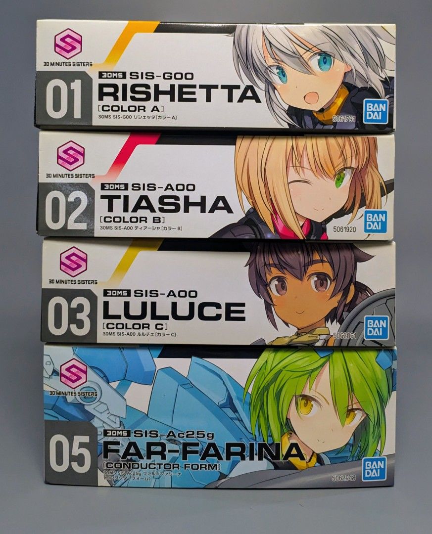Official Anime Figure Bandai 30 MS Model Kit Bundle (Category: Gundam & Model Kits) located in Paranaque City. Submitted by braveforest.585294 (Listing ID 1465701451, Image 1). Description: - Brand: Bandai 30 Minutes Sisters - Bundle of 4 unbuilt model kits: Rishetta 01 Tiasha 02 Luluce 03 Far-Farina 05 - Condition: Brand new in original boxes - Ideal project for hobbyists, model kit builders, and anime fans - Negotiable -Loc: Paranaque -PM for i