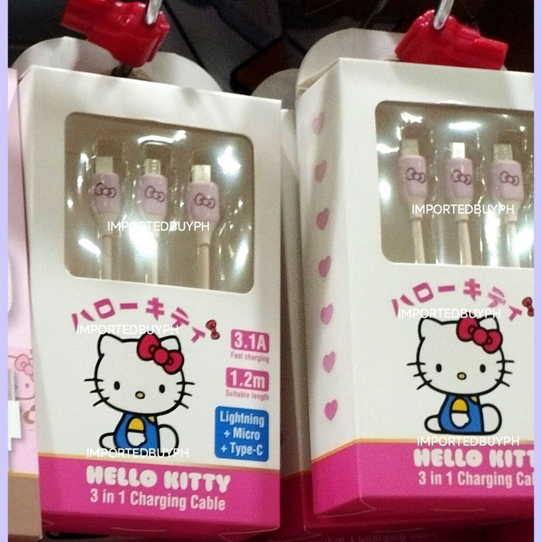 Official Sanrio Hello Kitty 3 in 1 Charging Cable (Category: Chargers & Cables) located in Rizal. Submitted by importedbuyph (Listing ID 1465603368, Image 1). Description: 💯 ORIGINAL BRAND NEW OFFICIAL 🎀 No rush delivery 🚚 Payment first for sure buyer only 🫶🏻 More orders will give discount 🫰🏻 No cancellation and no refund 💜.