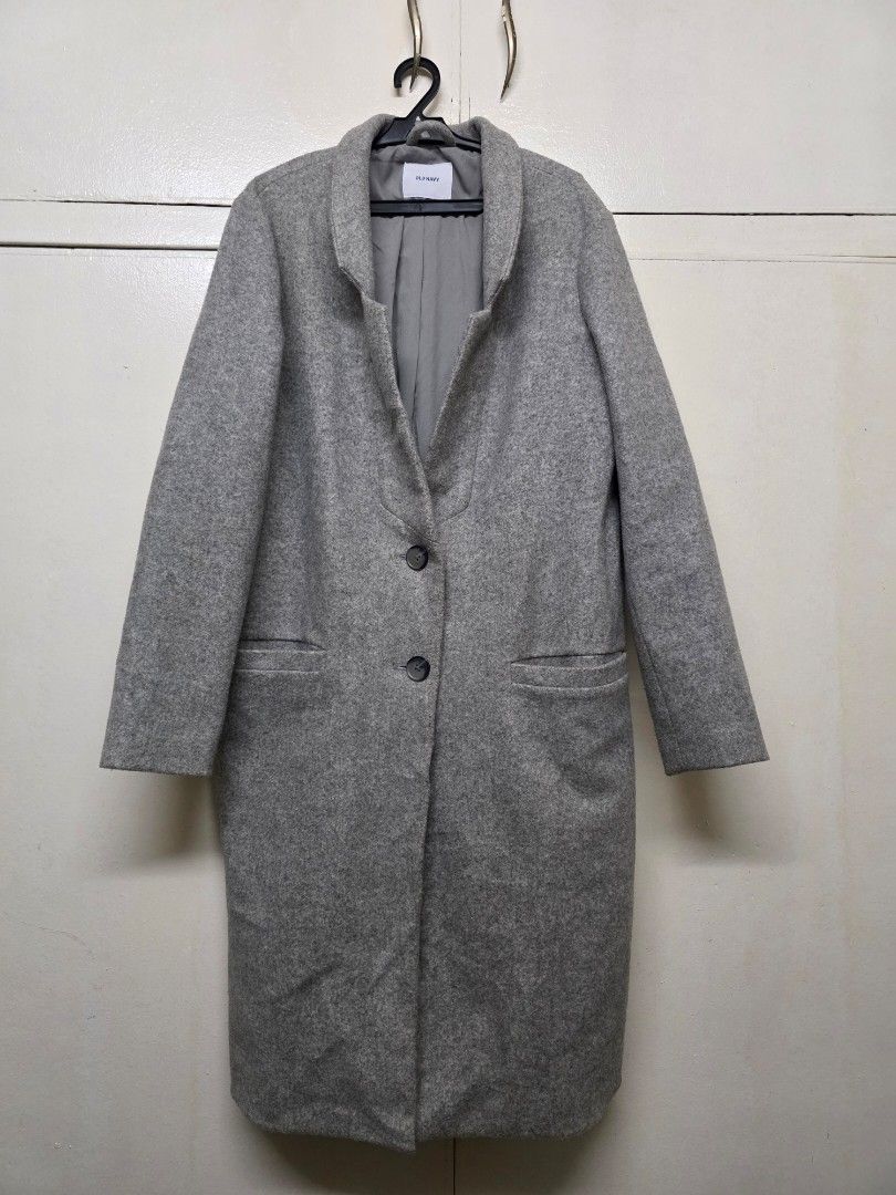 Old Navy Grey Wool Blend Long Coat (Category: Coats, Jackets and Outerwear) located in Manila. Submitted by Ro_stuff (Listing ID 1465711227, Image 1). Description: - Brand/Item: Old Navy grey long coat - Closure: Two-button front - Lining: Matching grey inner lining - Pockets: Deep pockets on both sides - Fabric: Heavy, warm material for colder weather - Condition: Lighty used - Size: Shoulder - 16 Arm - 9 Bust - 21 Length- 40.