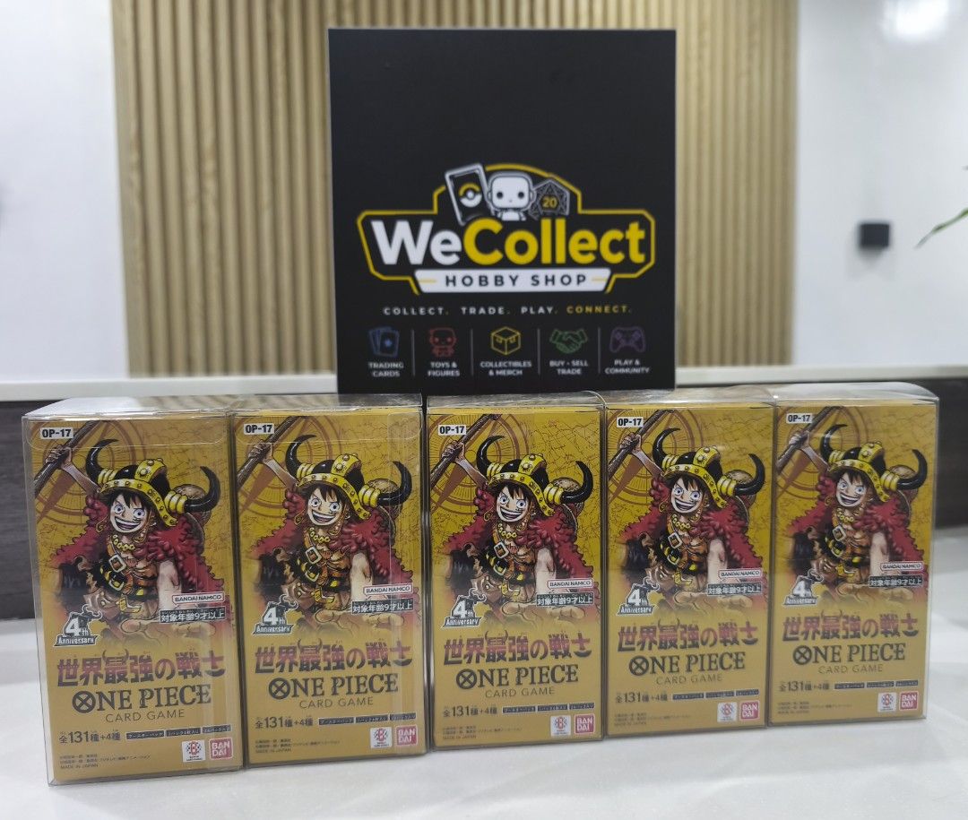 One Piece Card Game OP-17 Booster Box (Category: Card Boxes & Cases) located in Manila. Submitted by wecollect_hobbyshop (Listing ID 1465718602, Image 1). Description: - Item: One Piece Card Game OP-17 4th Anniversary Booster Box - Version: Japanese (Luffy packaging) - Condition: Brand new, factory sealed - Protection: Comes inside a clear protective acrylic case - Availability: Buy individual boxes or multiple - Ideal for: TCG players and collec