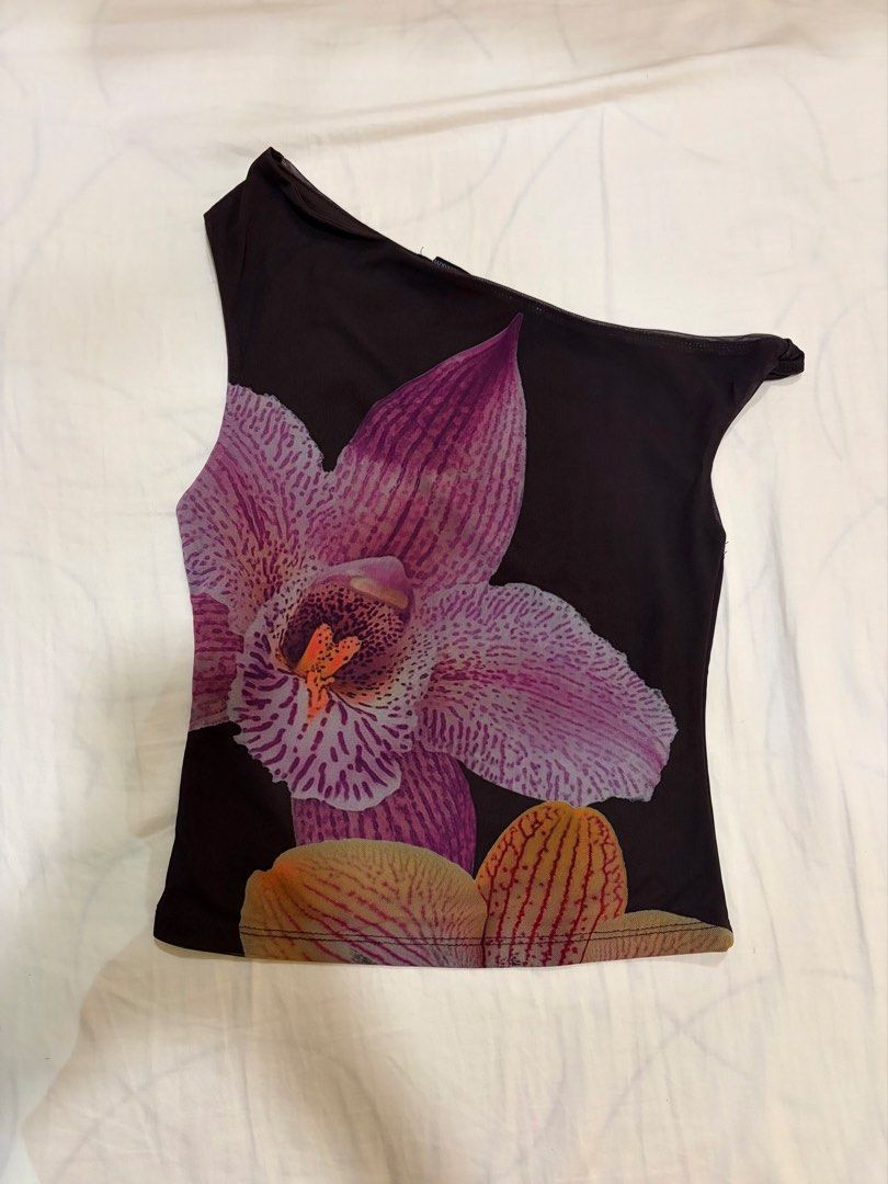 One-Shoulder Floral Mesh Top (Category: Sleeveless) located in Paranaque City. Submitted by mary_jj (Listing ID 1465673604, Image 1). Description: .