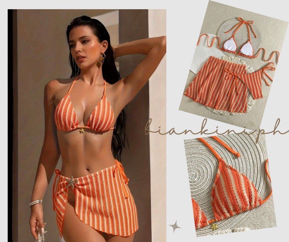 Orange Crochet Stripe Bikini and Sarong Set (Category: Bikinis & Swimsuits) located in Las Pinas. Submitted by kathybianca (Listing ID 1465663837, Image 1). Description: - Trendy orange and white striped crochet bikini set - Halter neck triangle top with built-in soft cups - Matching string bottoms for an adjustable fit - Includes a wrap-around sarong skirt with side ties - Adorned with cute small starfish charms on the top and skirt - Standard s