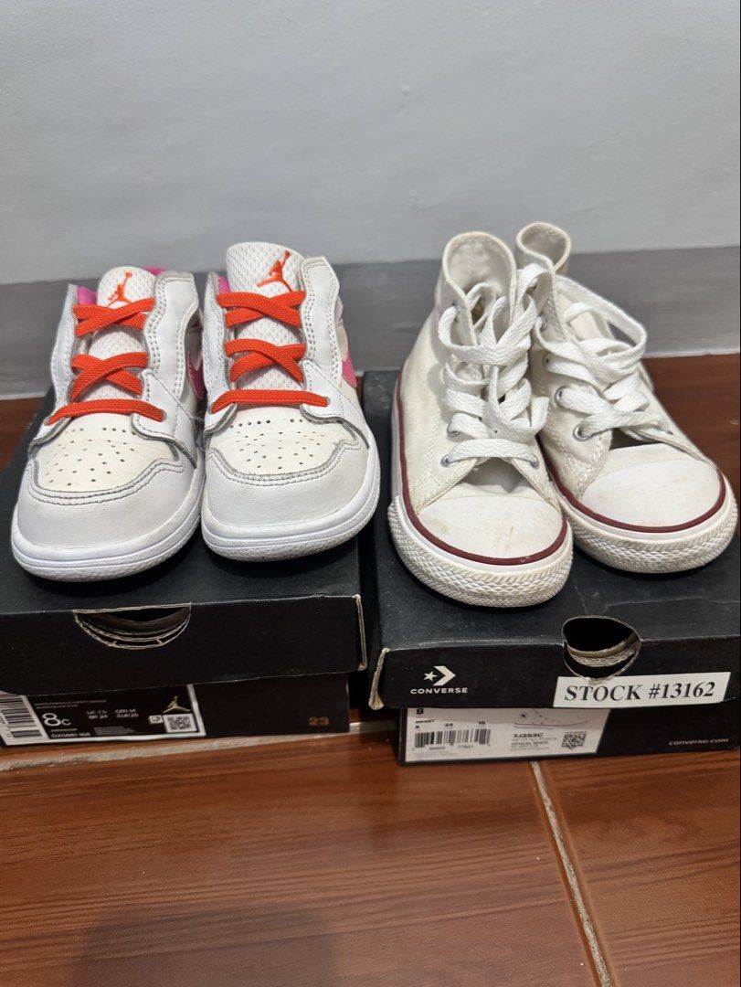 Original Nike Jordan & Converse Shoes (Category: Babies & Kids Fashion) located in Manila. Submitted by ivy110201 (Listing ID 1465665299, Image 1). Description: Nike Jordan Size 8C Converse All Star (Optical White) With Boxesp Both In Good Condition Needs Cleaning.