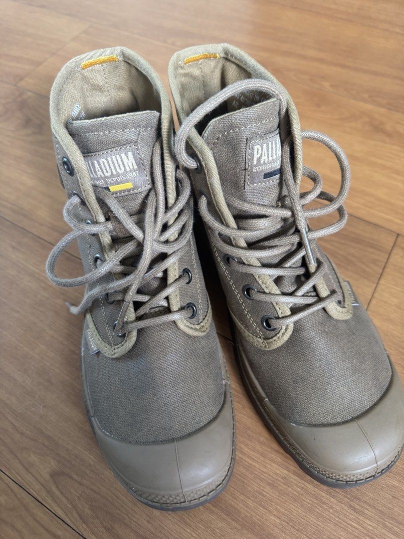 Palladium Lug Sole Boots Khaki Brown (Category: Boots) located in Makati City. Submitted by rhyescooker (Listing ID 1465705755, Image 2). Description: - Brand: Palladium - Color: Khaki / Tan canvas uppers - Soles: Heavy-duty rubber lug soles with deep tread for maximum grip and signature bottom logo stamp - Condition: Minimal wear on treads, excellent pre-loved condition - Best for: Hiking, outdoor adventures, and urban exploration - Mode of Paym