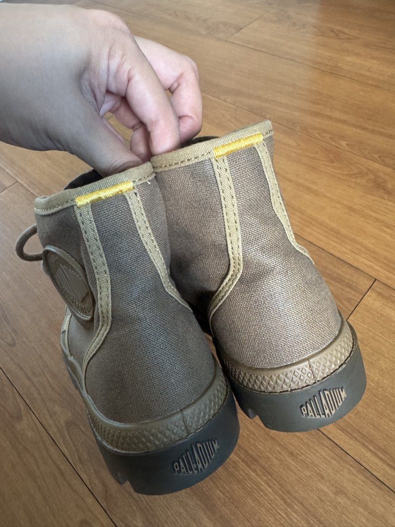 Palladium Lug Sole Boots Khaki Brown (Category: Boots) located in Makati City. Submitted by rhyescooker (Listing ID 1465705755, Image 3). Description: - Brand: Palladium - Color: Khaki / Tan canvas uppers - Soles: Heavy-duty rubber lug soles with deep tread for maximum grip and signature bottom logo stamp - Condition: Minimal wear on treads, excellent pre-loved condition - Best for: Hiking, outdoor adventures, and urban exploration - Mode of Paym