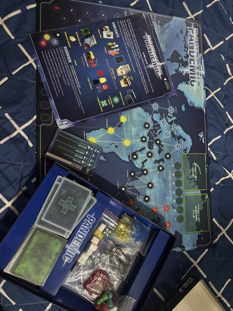 Pandemic Board Game Z-Man Games (Category: Board Games & Puzzles) located in Andop. Submitted by fammie_frayyss (Listing ID 1465621996, Image 3). Description: - Game: Pandemic (Cooperative board game by Matt Leacock) - Objective: Work together to save humanity from global diseases - Includes: Game board, rulebook, role cards, player cards, infection cards, pawns, disease cubes, and markers - Condition: All components neatly packed inside the orig