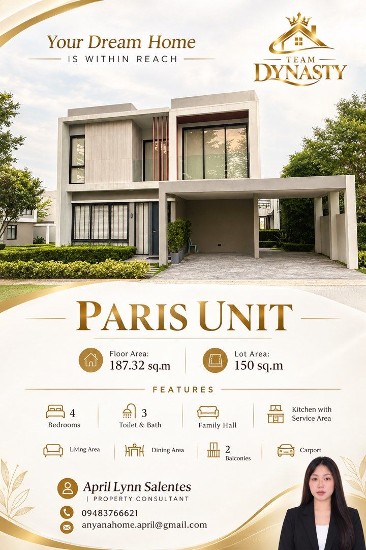 Paris Unit (Category: House & Lot) located in Manila. Submitted by april_anyana (Listing ID 1465608884, Image 1). Description: “Welcome to your future home here at Anyana, Tanza, Cavite — the beautiful Paris Unit.” April Lynn Salentes, your Property Consultant. For inquiries, site viewing, and reservation details, you may contact me .
