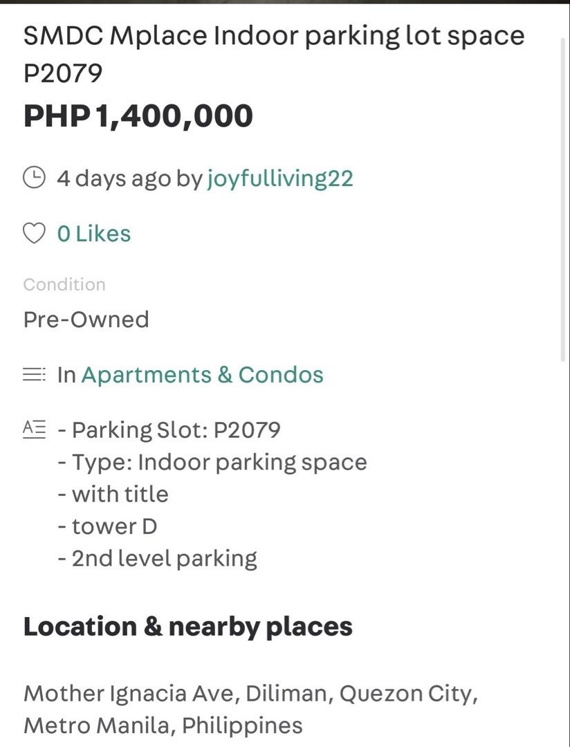 Parking lot (Category: Apartments & Condos) located in Quezon City. Submitted by ellamenopi (Listing ID 1465658580, Image 2). Description: SMDC Mplace indoor parking space at slot P2079. Located at tower D on the 2nd level parking. Title included with purchase. Mother Ignacia Ave, Diliman, Quezon City address..