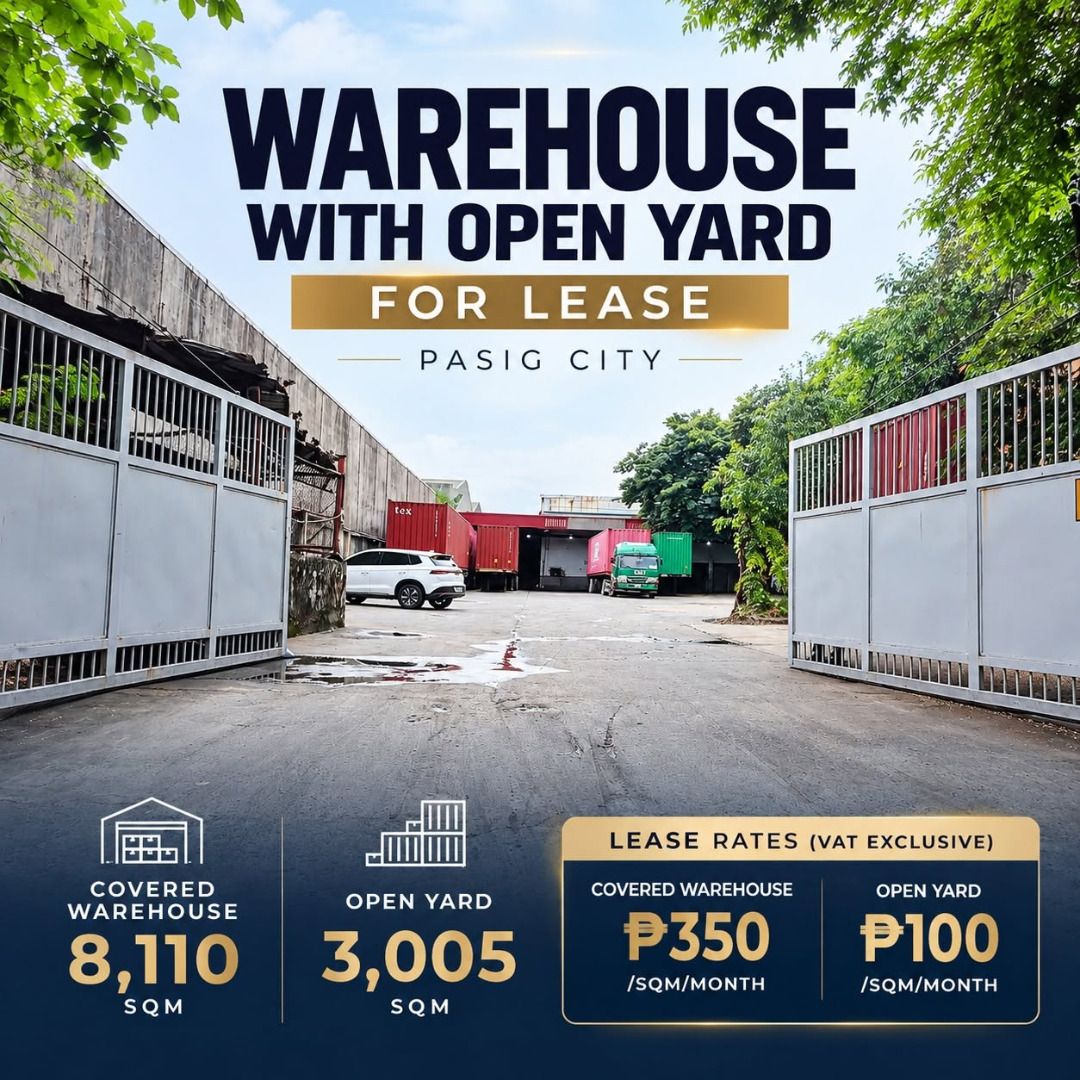PASIG CITY WAREHOUSE WITH OPEN YARD FOR LEASE (Category: Commercial) located in Mandaluyong City. Submitted by Kuaima_Realty (Listing ID 1465609076, Image 1). Description: Ideal for warehousing, logistics, distribution, and other commercial operations requiring a large covered space with a substantial open yard. 𝐏𝐑𝐎𝐏𝐄𝐑𝐓𝐘 𝐃𝐄𝐓𝐀𝐈𝐋𝐒 ▪️ Covered Warehouse: 8,110 sqm ▪️ Open Yard: 3,005 sqm ▪️ Total Area: 11,115 sqm 𝐋𝐄𝐀𝐒𝐄 𝐑𝐀𝐓𝐄𝐒 