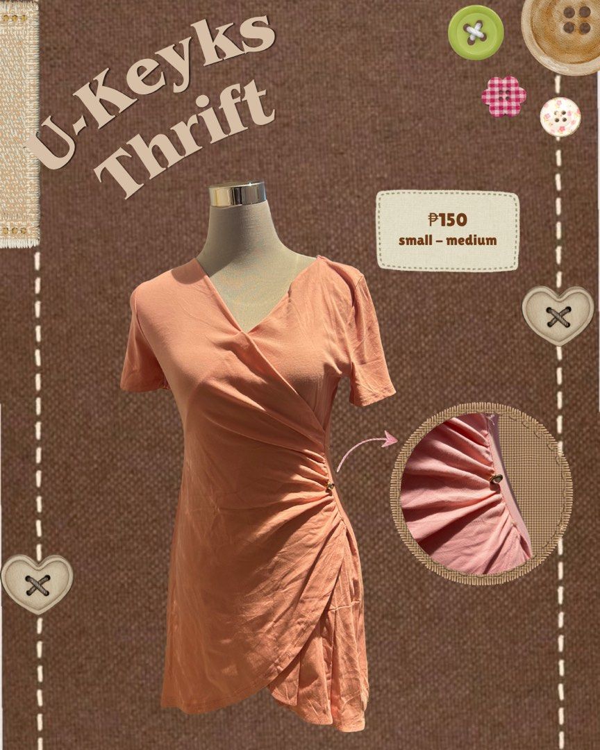 Peach Wrap Dress with Ruched Side (Category: Dresses) located in Cavite. Submitted by ukeyks (Listing ID 1465639029, Image 1). Description: - Color: Peach - Style: Wrap dress with v-neck and short sleeves - Detail: Ruched side gathering with a decorative button - Hemline: Asymmetrical front - Material: Soft stretch fabric - Fit: Comfortably fits small to medium frames.