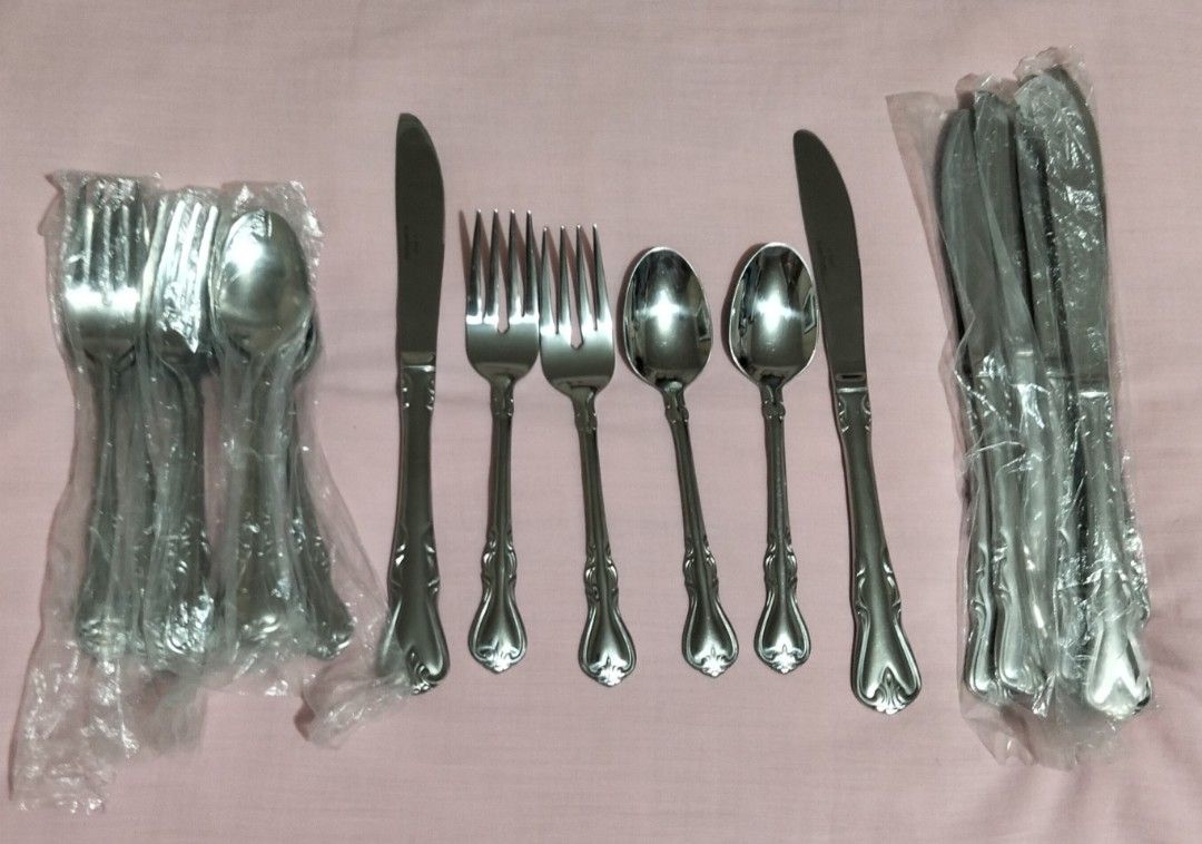 Pfaltzgraff Stainless Steel Flatware Cutlery Set (Category: Dinnerware & Cutlery) located in Manila. Submitted by bethistama04142 (Listing ID 1465620179, Image 1). Description: - Brand: Pfaltzgraff - Origin: Made in China - Material: Sturdy metal construction with a polished finish - Design: Elegant decorative scrollwork on handles - Set Includes: 10 pcs Dinner knives, 10 pairs of teaspoons & fork - Ideal for everyday dining or special occasions.