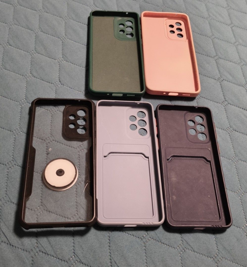 Phone Case for Samsung A335g (Category: Cases & Sleeves) located in Cavite. Submitted by missyblush88602 (Listing ID 1465655004, Image 2). Description: - Compatible Model: Samsung A33 5G - Variety of styles: Includes pop-socket designs (Green, Pink, Transparent) and card holder slot designs (Purple, Dark Navy Blue) - Pre-loved in good and usable condition ✨All 5 for 200✨.