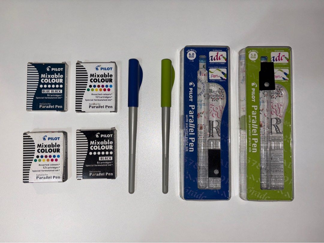 Pilot Parallel Pen Set with Mixable Colour Ink Refills (Sold as set) (Category: Stationery & School Supplies) located in Quezon City. Submitted by vvelcometomyshop (Listing ID 1465755225, Image 1). Description: - Complete Pilot Parallel Pen Calligraphy Bundle - Brand new and unused in original packaging - Includes 4 pens: 6.0mm, 3.8mm, and 2 pens with blue and green caps - Comes with 4 packs of assorted mixable color ink cartridges - Ideal for be
